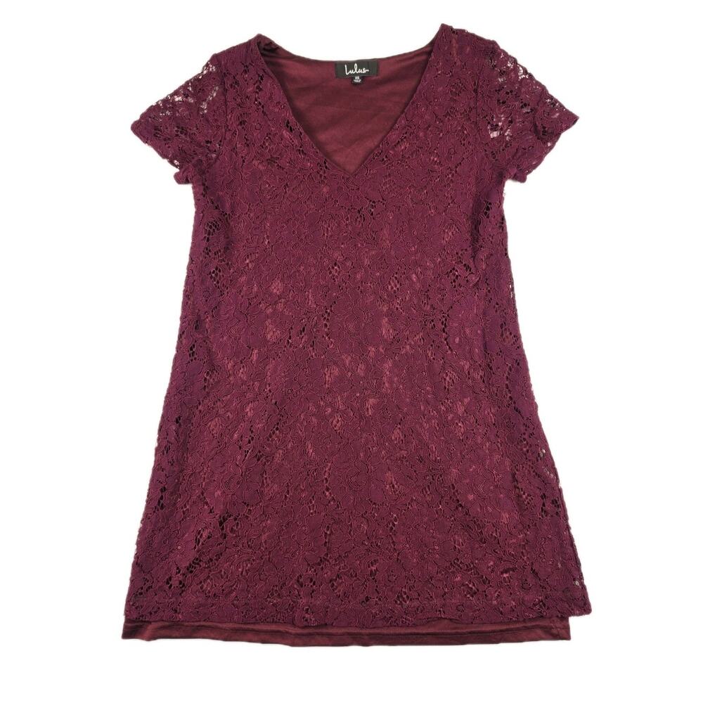 Lulus Bancroft Burgundy Lace Short Sleeve Shift Dress Size XS